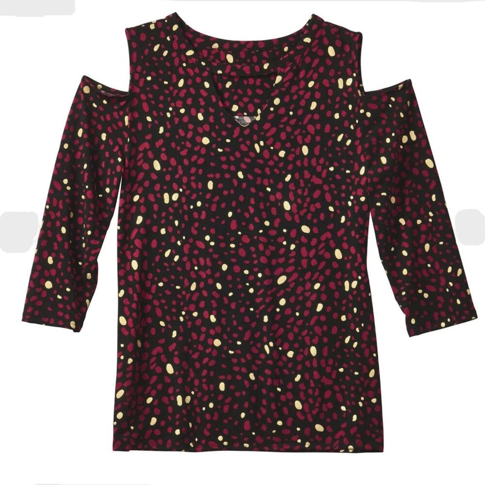 K Jordan M Black Red Gold Cutout Knit Top